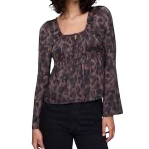 GAP Leopard Print Peasant Blouse Square Neck Tie Front Long Sleeve Medium NWT